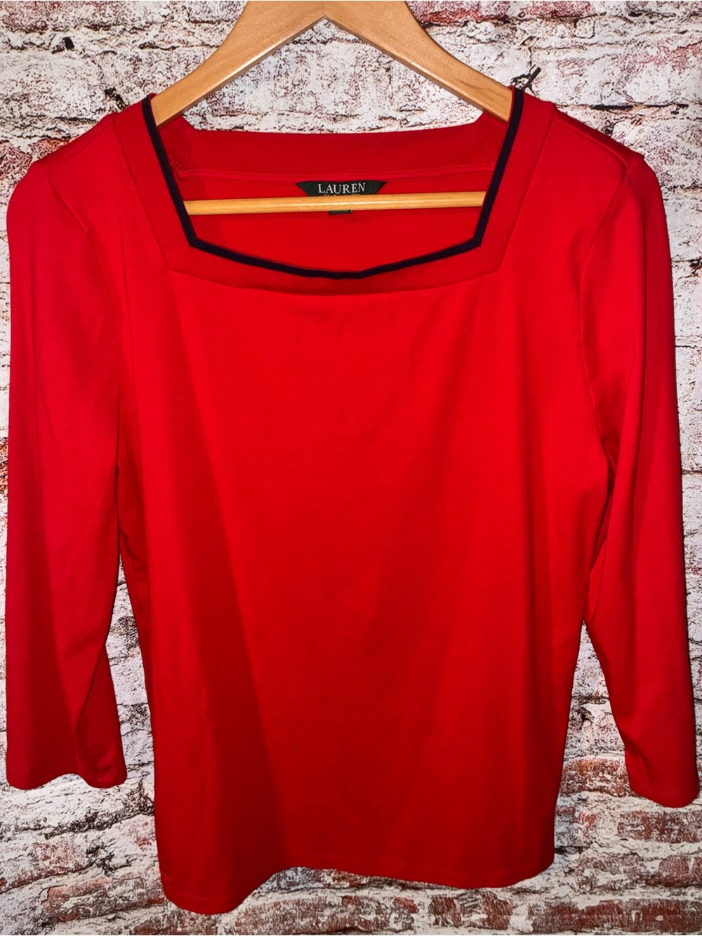 Ralph Lauren Red Long-Sleeve Square-Neck Top with Black Trim